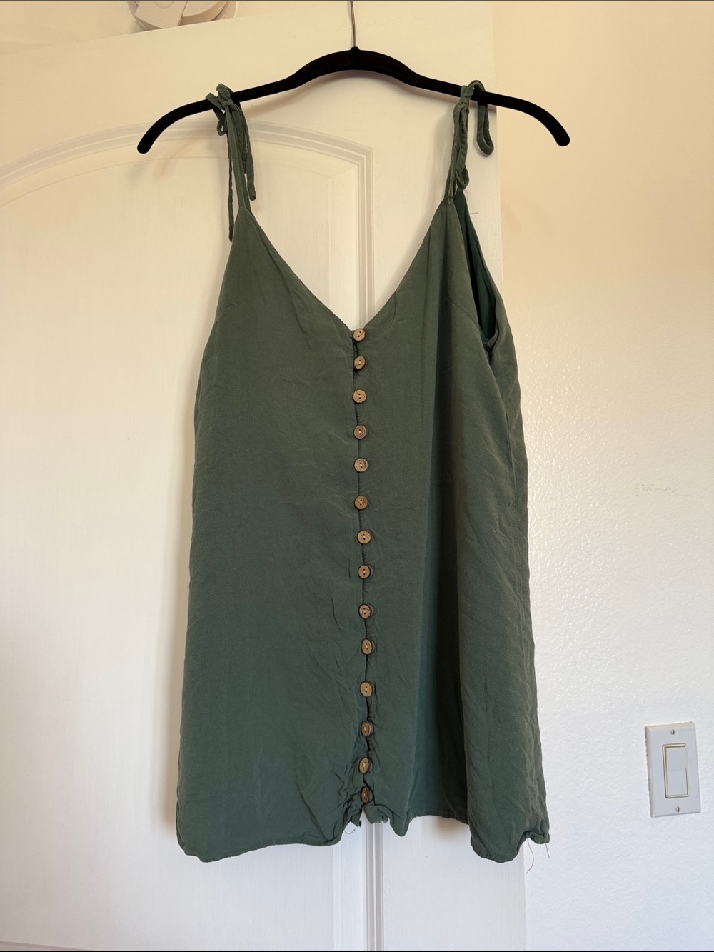 Windsor Olive Green Button-Front Tie-Shoulder Mini Dress